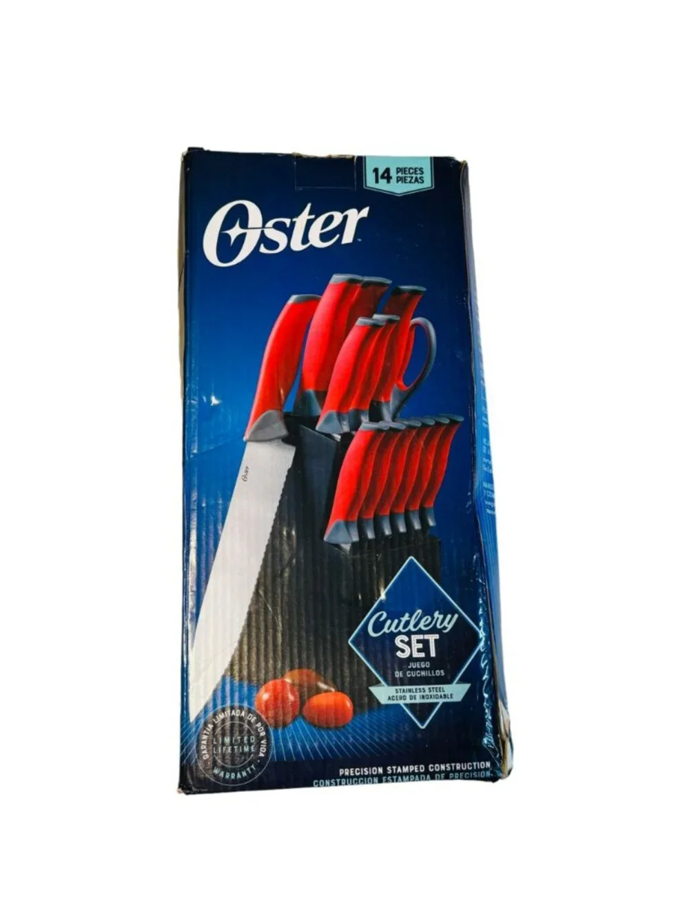 Oster 14-Piece Stainless Steel Cutlery Set With Red Handles & Wood Block